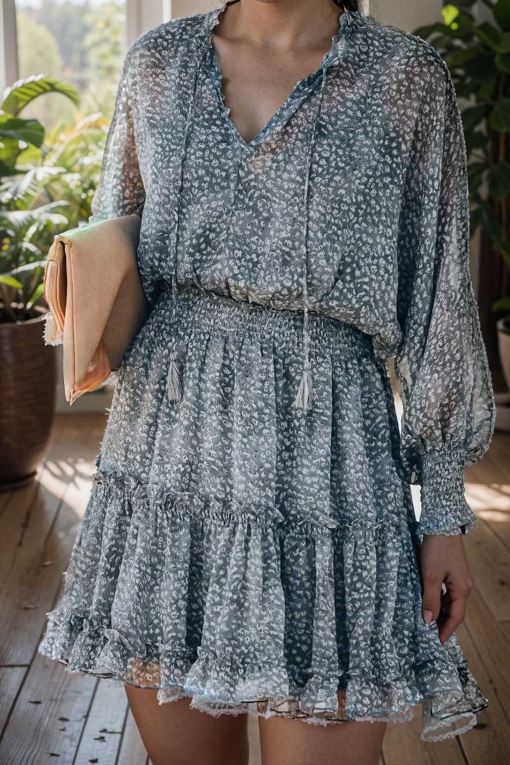 loose leopard print v neck dress drop shoulder a line closed cape paneled 124926