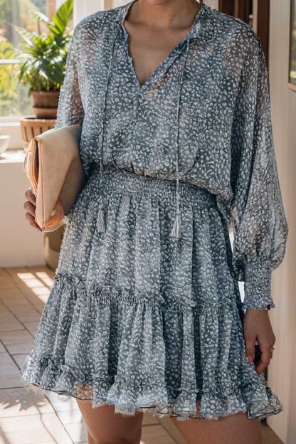 loose leopard print v neck dress drop shoulder a line closed cape paneled 131794
