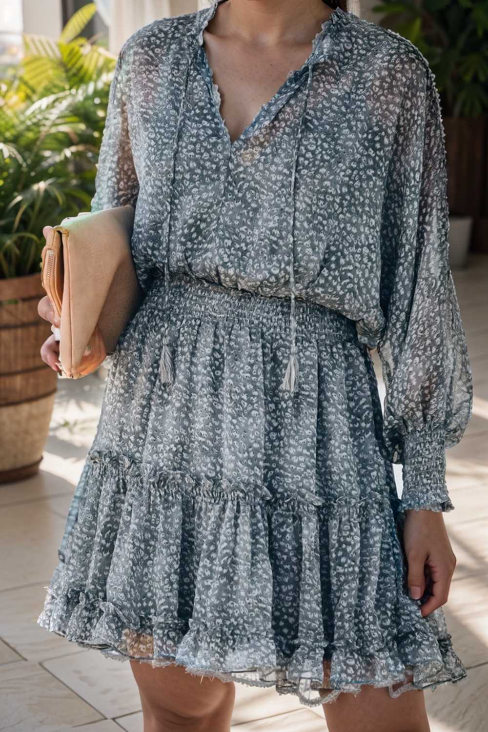 loose leopard print v neck dress drop shoulder a line closed cape paneled 133760