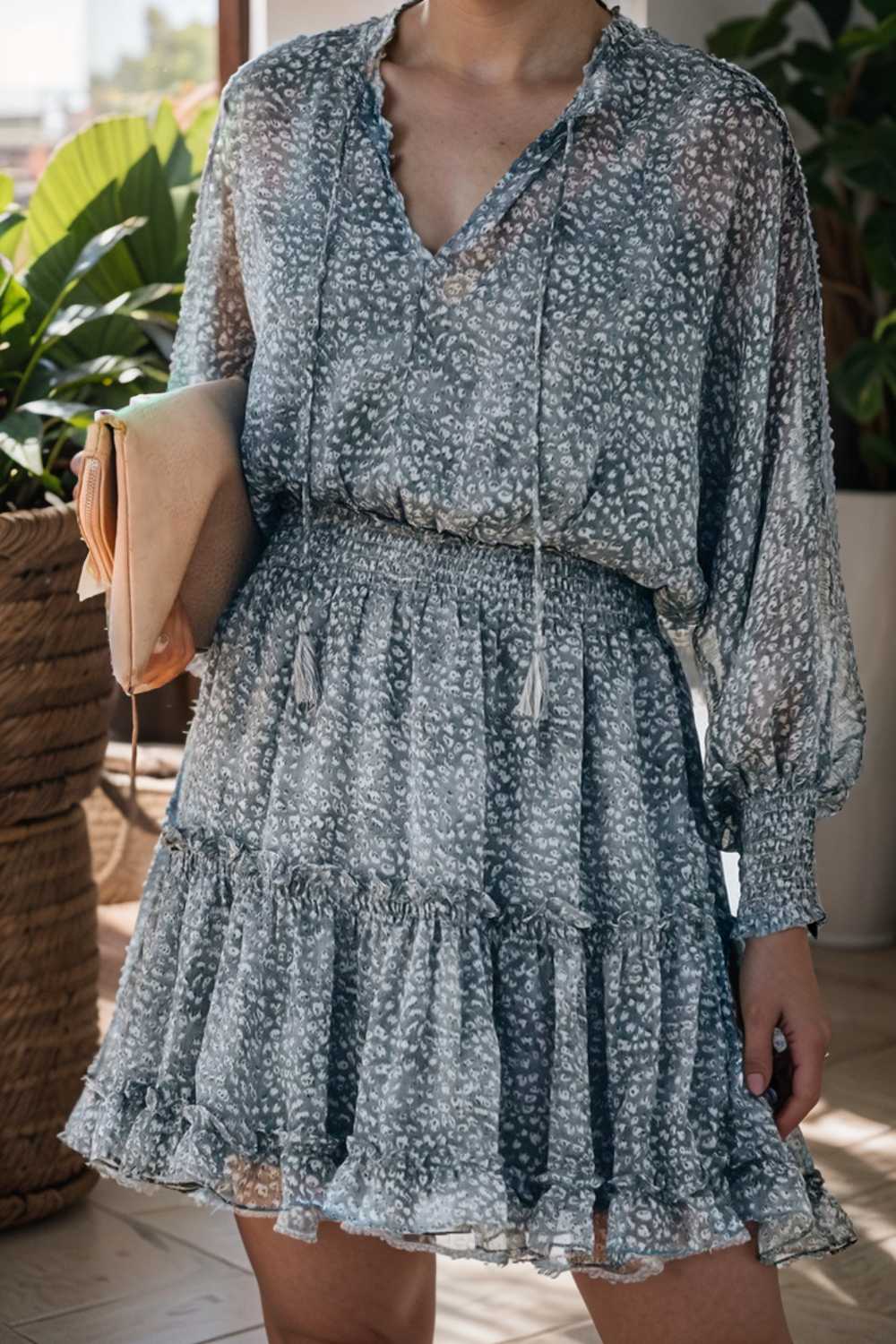 loose leopard print v neck dress drop shoulder a line closed cape paneled 105028