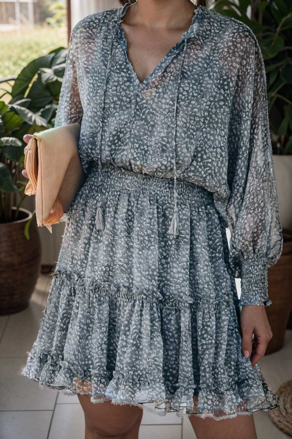 loose leopard print v neck dress drop shoulder a line closed cape paneled 131793