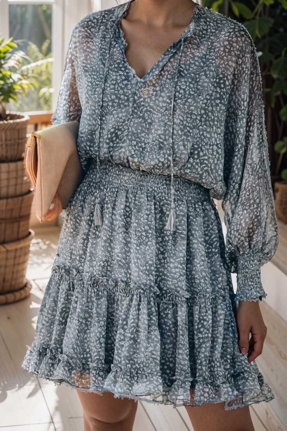 loose leopard print v neck dress drop shoulder a line closed cape paneled 131792