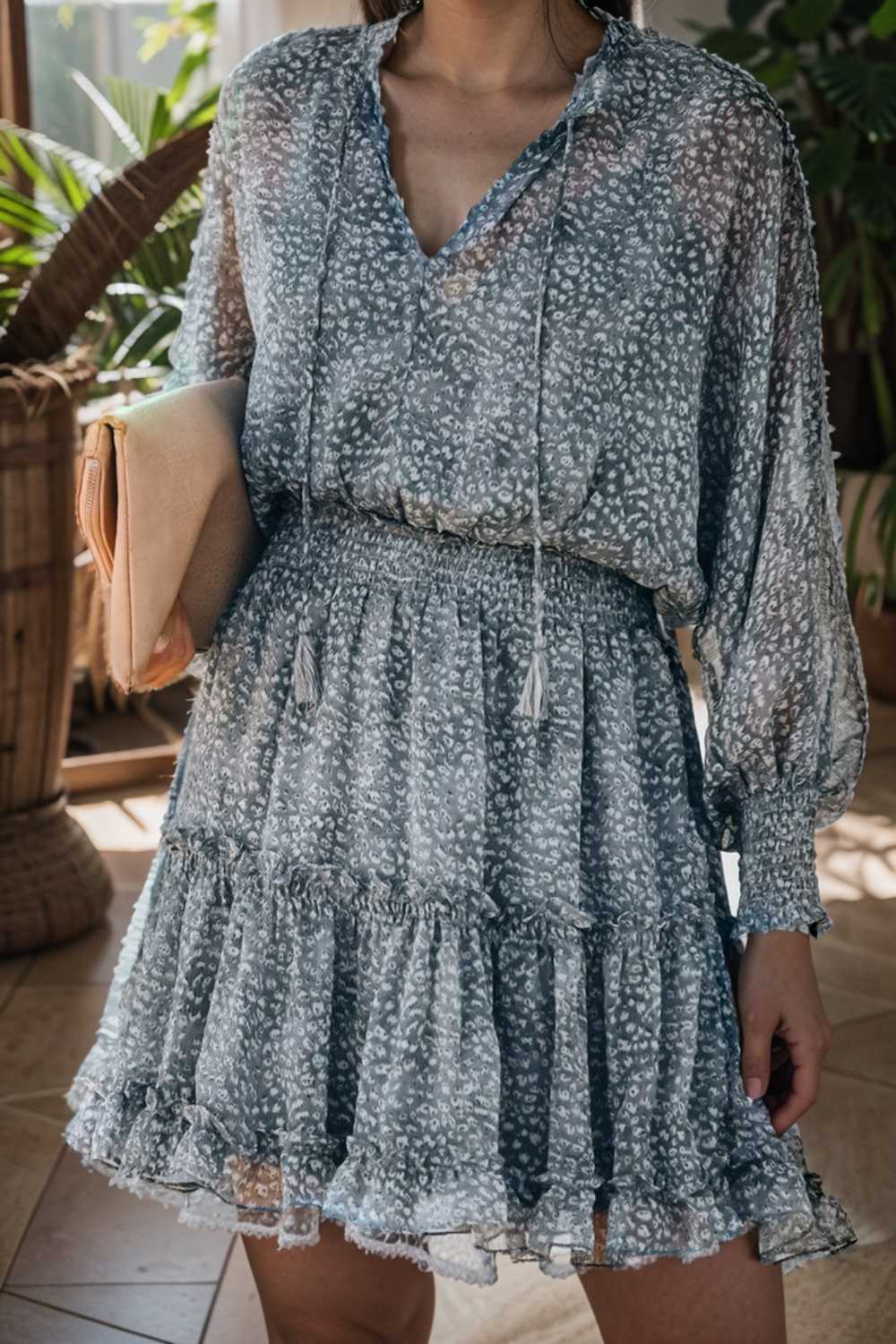 loose leopard print v neck dress drop shoulder a line closed cape paneled 105027
