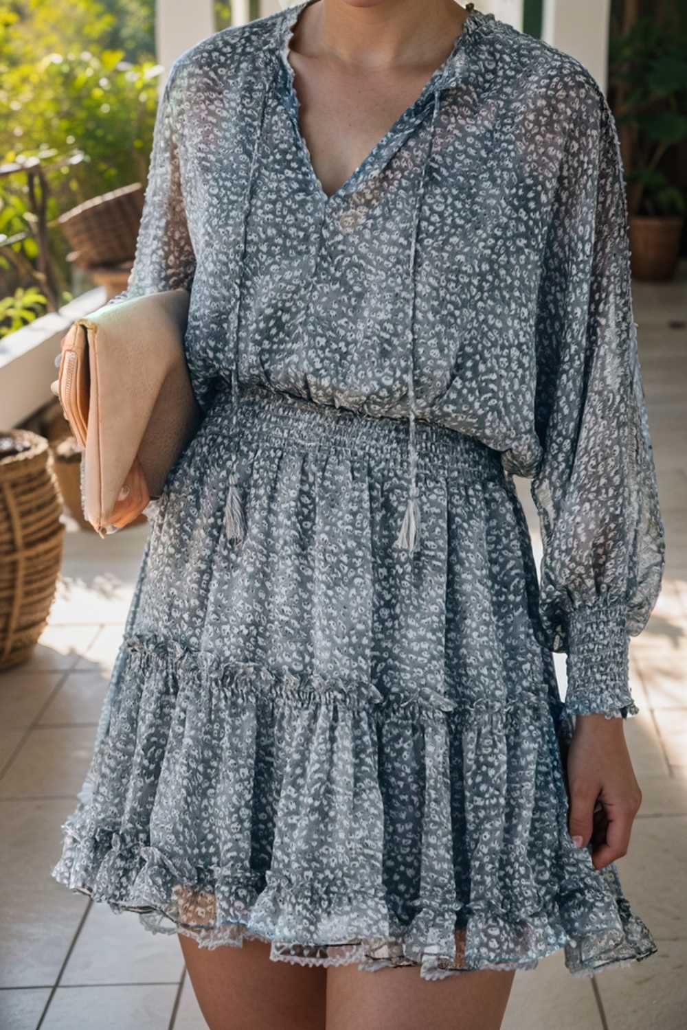 loose leopard print v neck dress drop shoulder a line closed cape paneled 133757