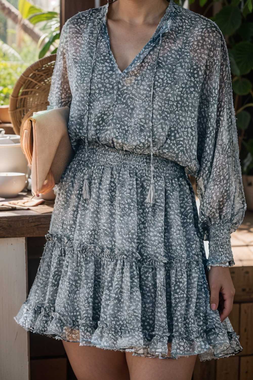 loose leopard print v neck dress drop shoulder a line closed cape paneled 105026