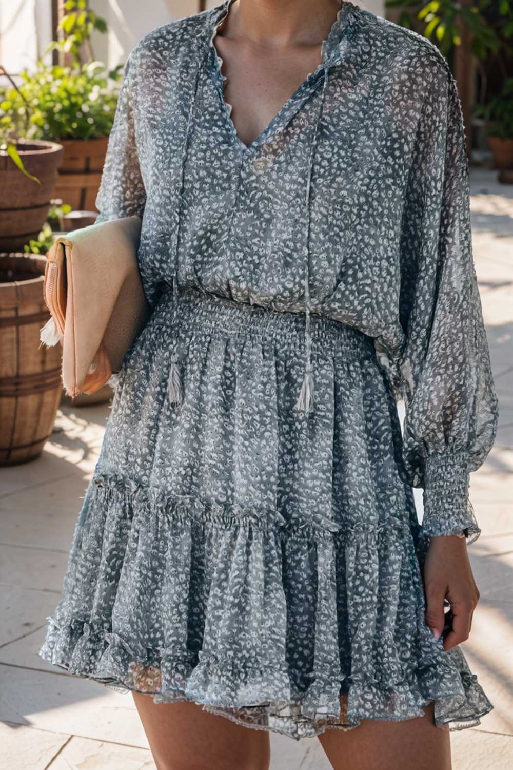 loose leopard print v neck dress drop shoulder a line closed cape paneled 133756