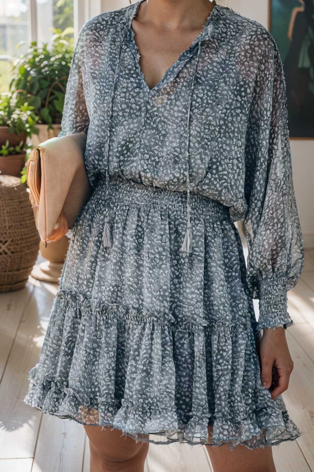 loose leopard print v neck dress drop shoulder a line closed cape paneled 131790