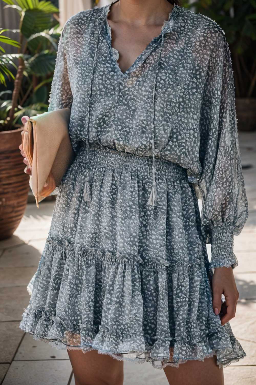 loose leopard print v neck dress drop shoulder a line closed cape paneled 133755