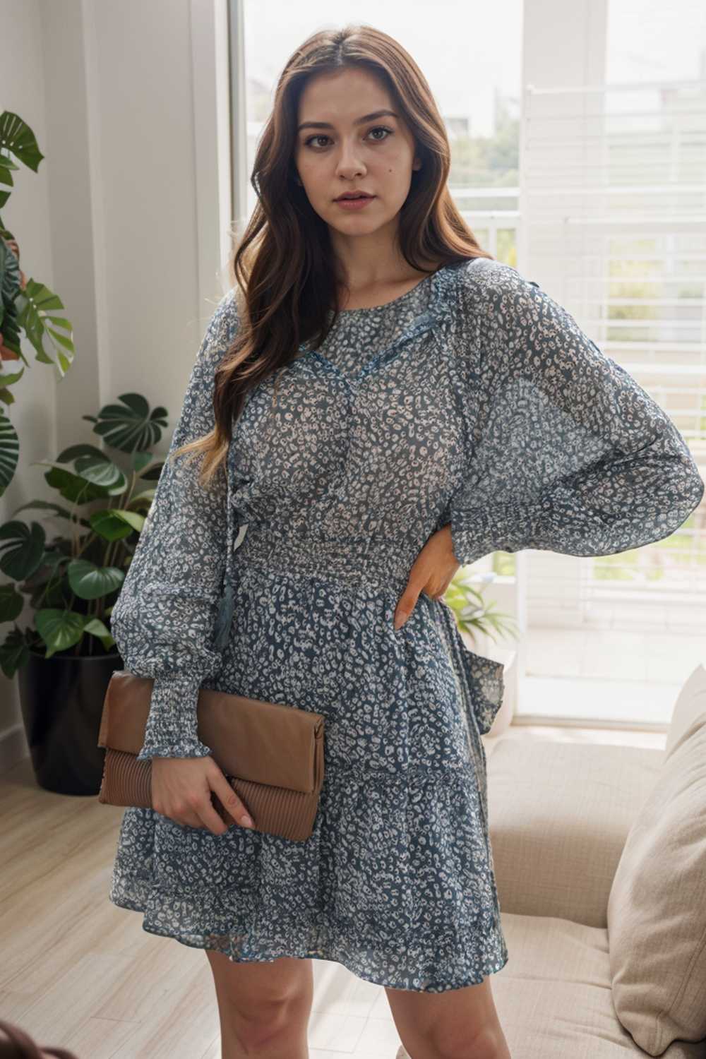 loose leopard print v neck dress drop shoulder a line closed cape paneled 130051
