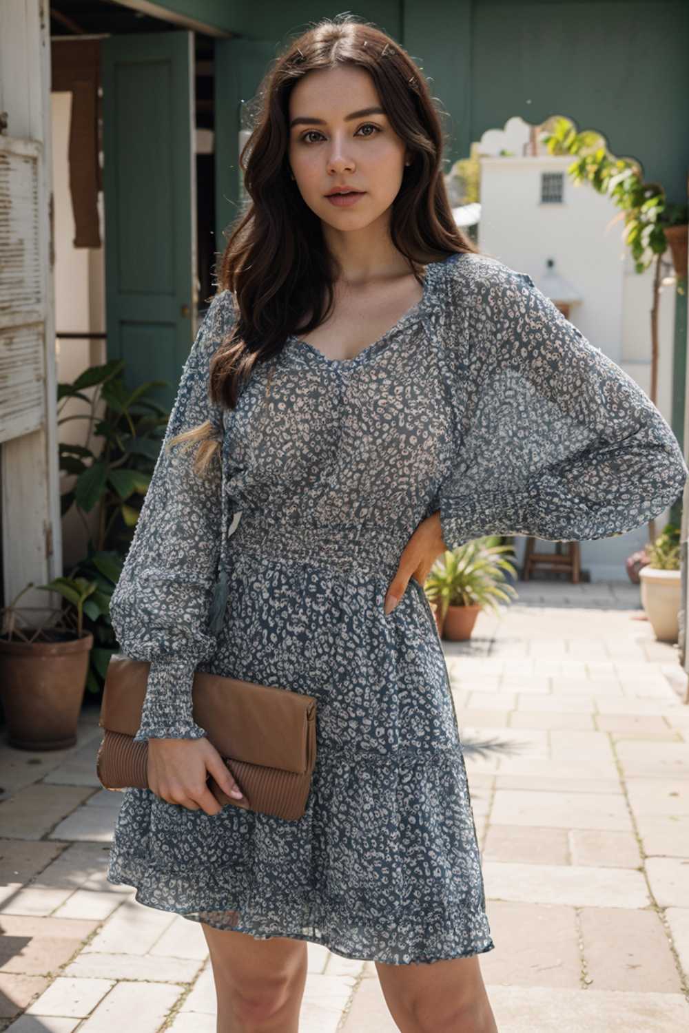 loose leopard print v neck dress drop shoulder a line closed cape paneled 133754