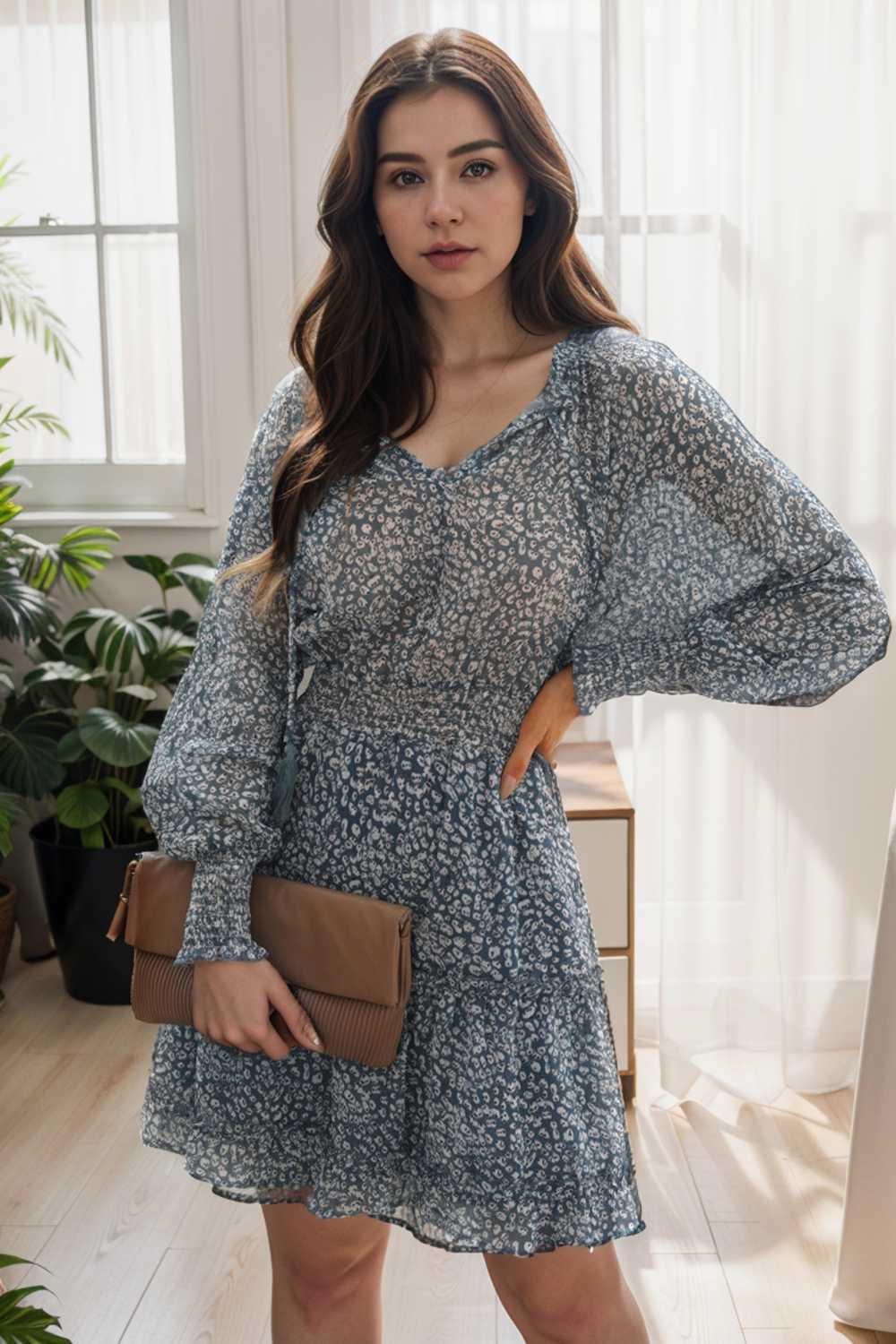 loose leopard print v neck dress drop shoulder a line closed cape paneled 105025