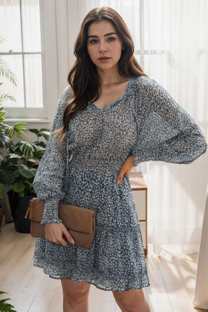 loose leopard print v neck dress drop shoulder a line closed cape paneled 105025