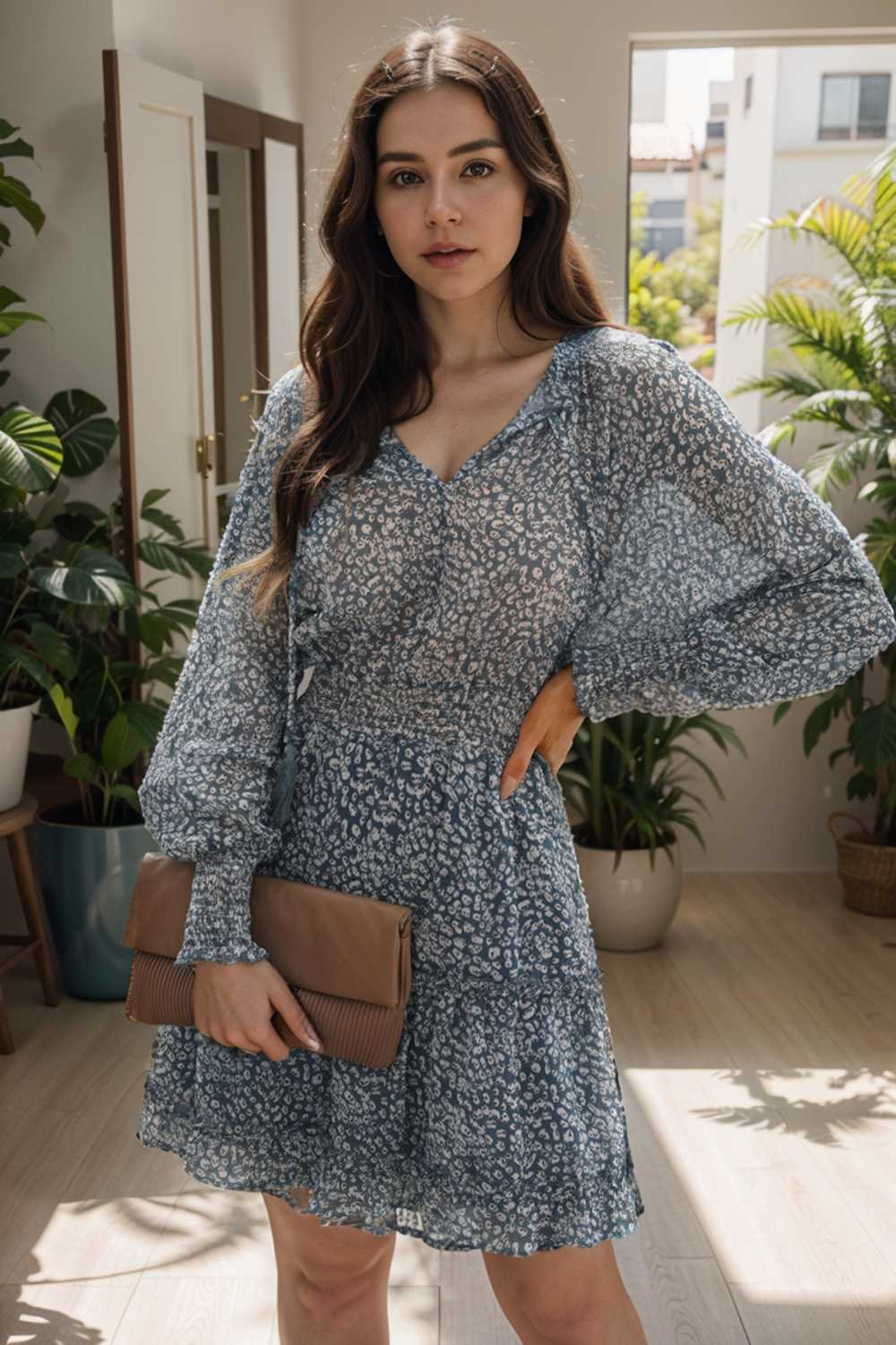loose leopard print v neck dress drop shoulder a line closed cape paneled 108210