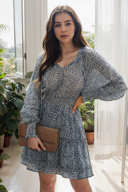 loose leopard print v neck dress drop shoulder a line closed cape paneled 126843