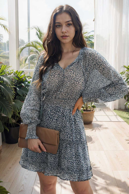 loose leopard print v neck dress drop shoulder a line closed cape paneled 142388