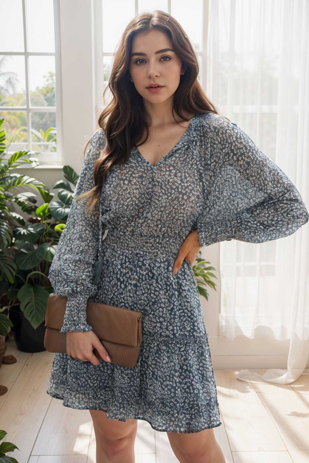 loose leopard print v neck dress drop shoulder a line closed cape paneled 131789