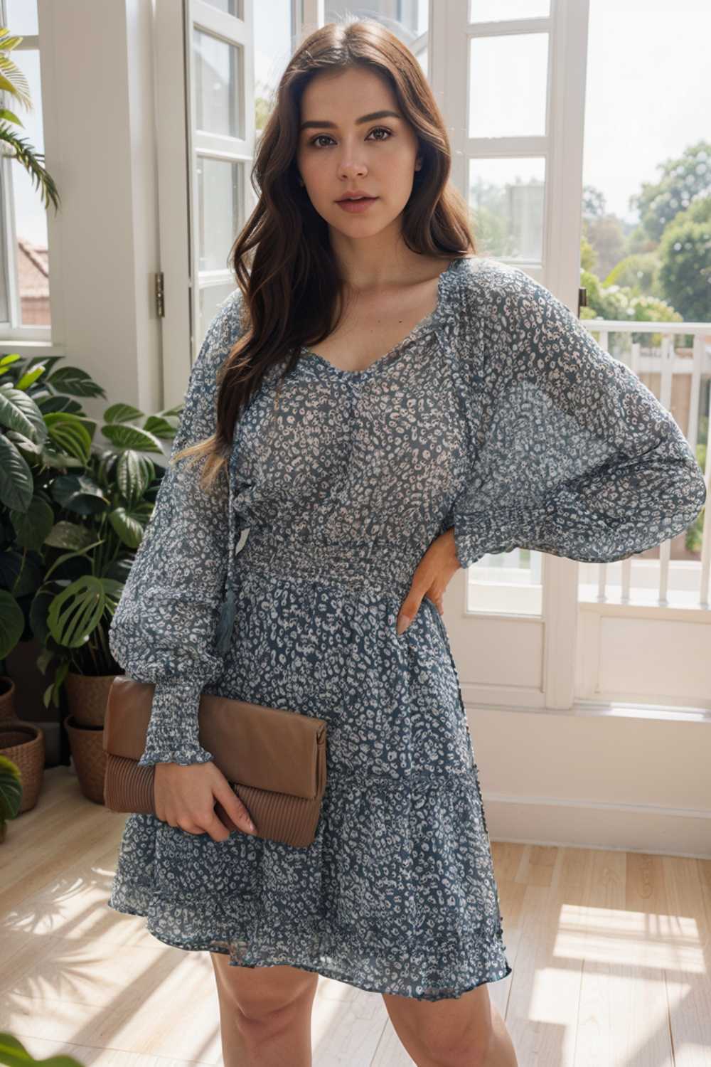 loose leopard print v neck dress drop shoulder a line closed cape paneled 126183