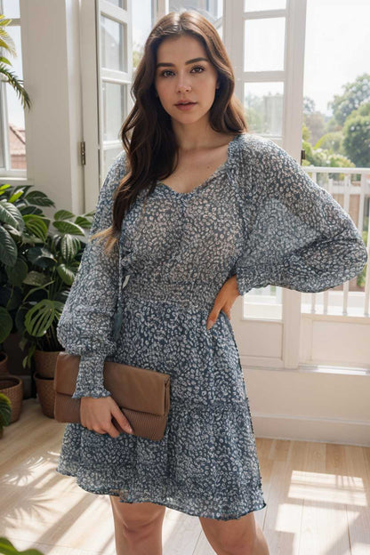 loose leopard print v neck dress drop shoulder a line closed cape paneled 126183