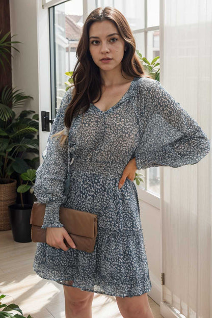 loose leopard print v neck dress drop shoulder a line closed cape paneled 111848