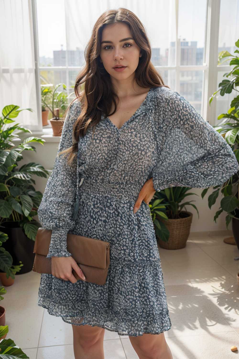 loose leopard print v neck dress drop shoulder a line closed cape paneled 133753