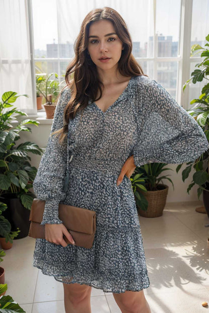 loose leopard print v neck dress drop shoulder a line closed cape paneled 133753