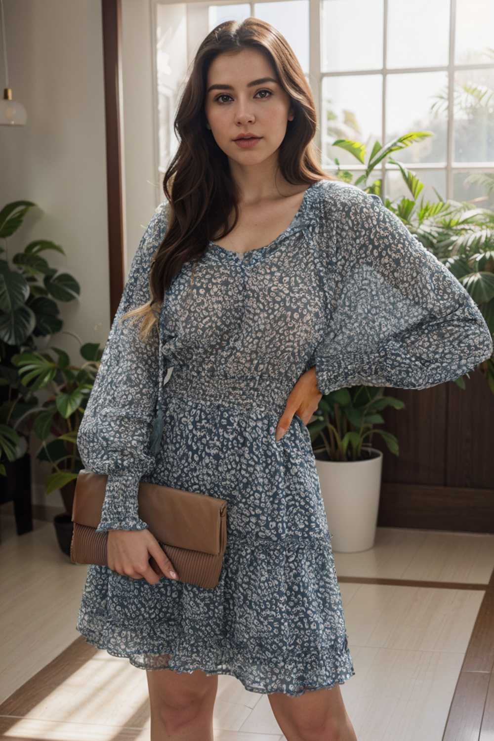 loose leopard print v neck dress drop shoulder a line closed cape paneled 105024