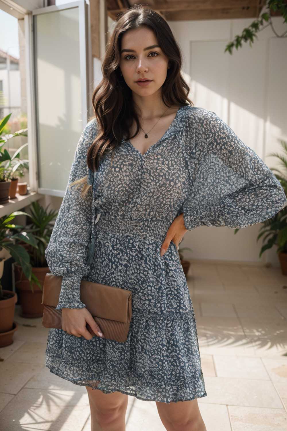 loose leopard print v neck dress drop shoulder a line closed cape paneled 105023