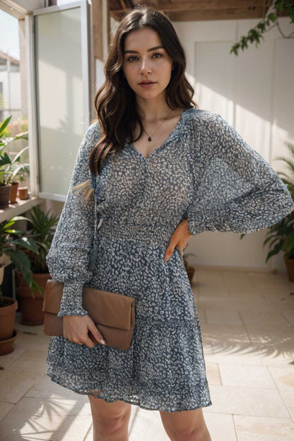 loose leopard print v neck dress drop shoulder a line closed cape paneled 105023