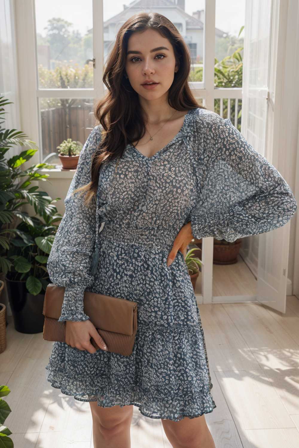 loose leopard print v neck dress drop shoulder a line closed cape paneled 126181
