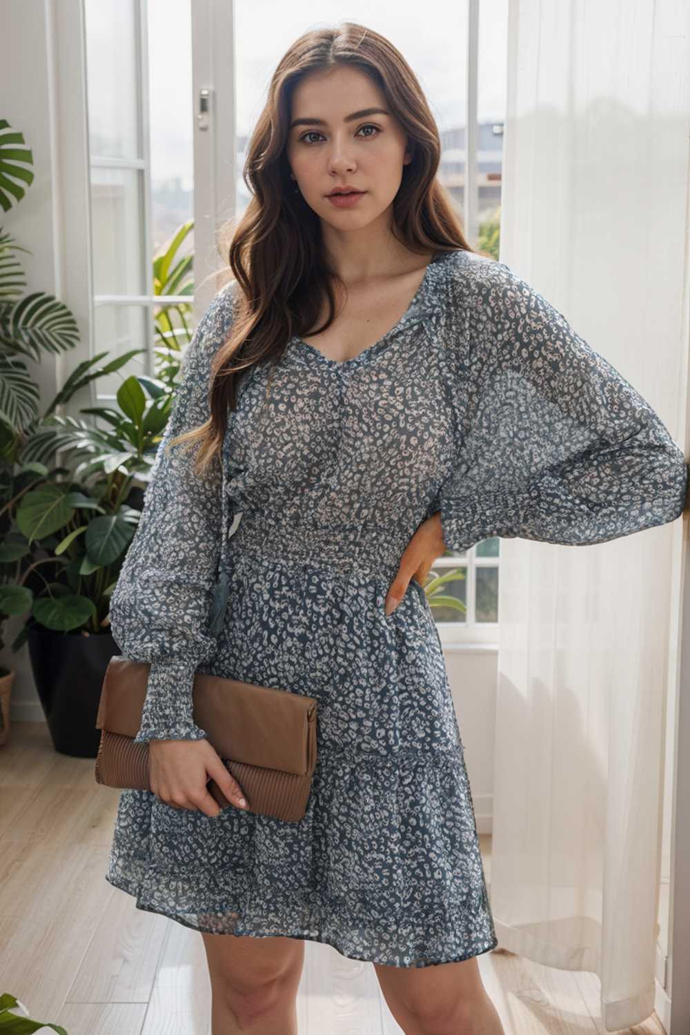 loose leopard print v neck dress drop shoulder a line closed cape paneled 133752