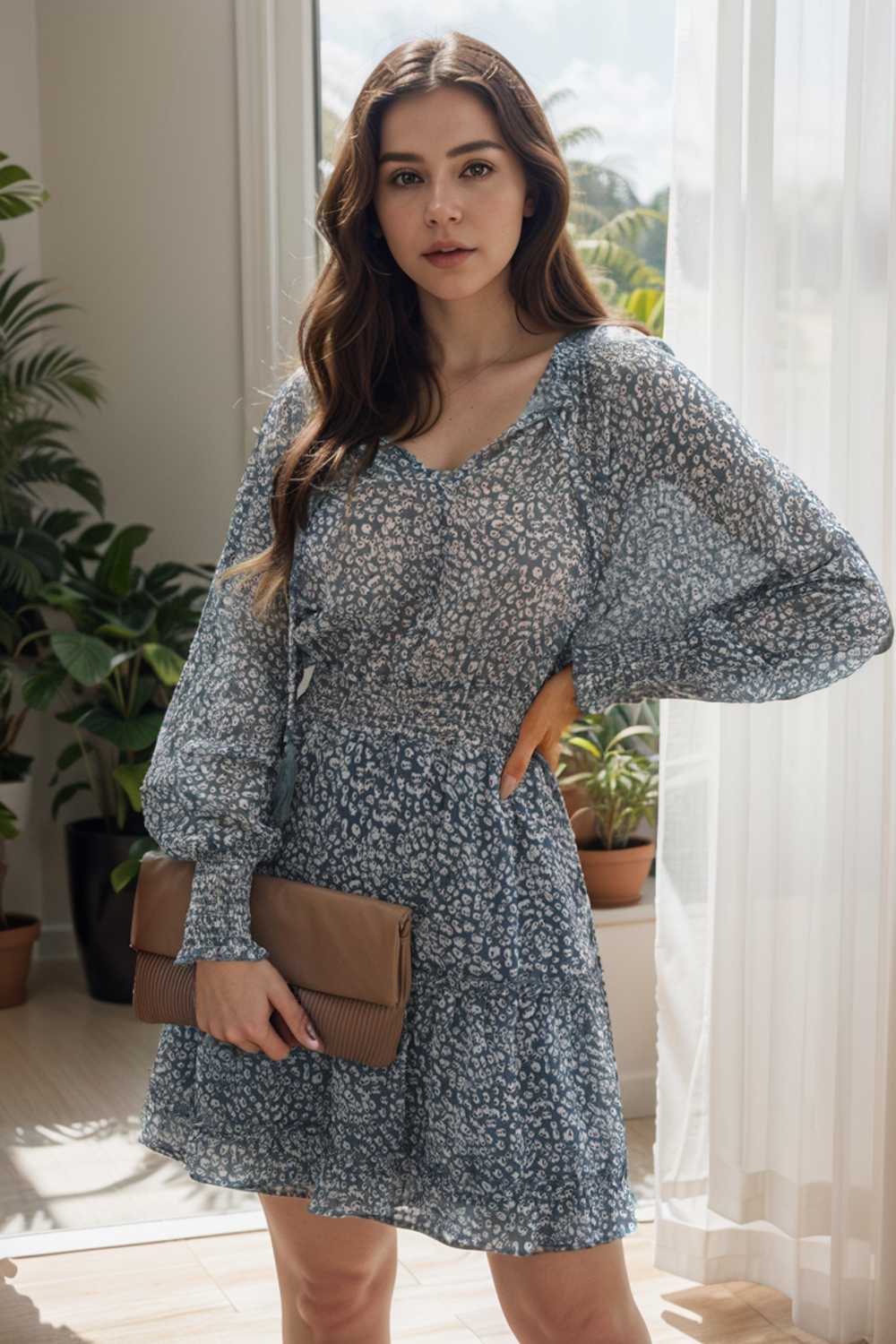 loose leopard print v neck dress drop shoulder a line closed cape paneled 133751