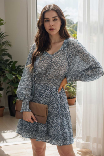 loose leopard print v neck dress drop shoulder a line closed cape paneled 133751