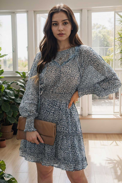loose leopard print v neck dress drop shoulder a line closed cape paneled 115736