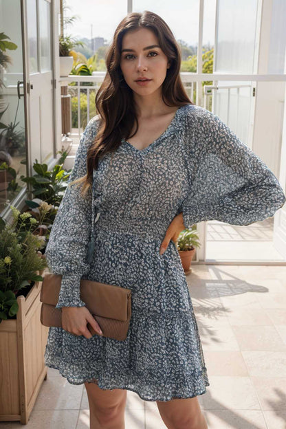 loose leopard print v neck dress drop shoulder a line closed cape paneled 105022