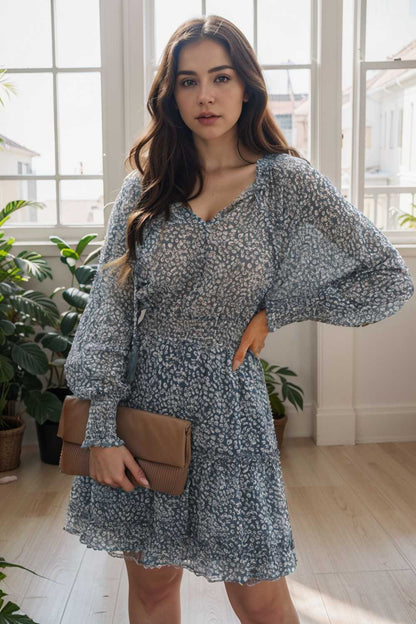 loose leopard print v neck dress drop shoulder a line closed cape paneled 105021