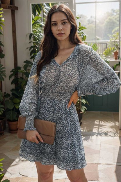 loose leopard print v neck dress drop shoulder a line closed cape paneled 115734