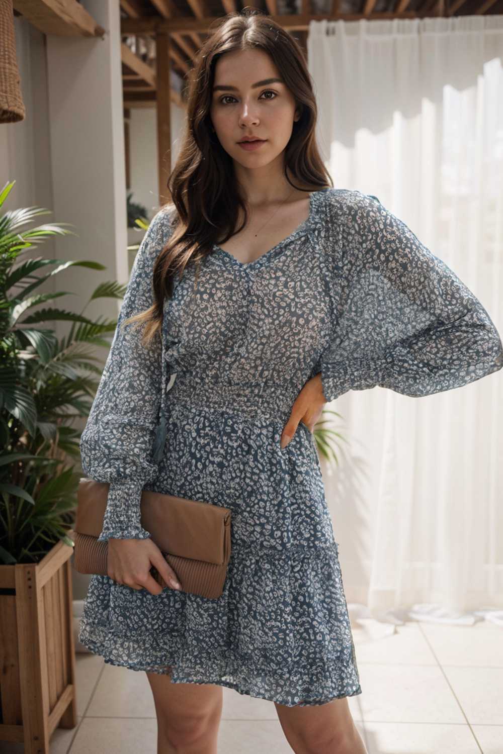 loose leopard print v neck dress drop shoulder a line closed cape paneled 105020