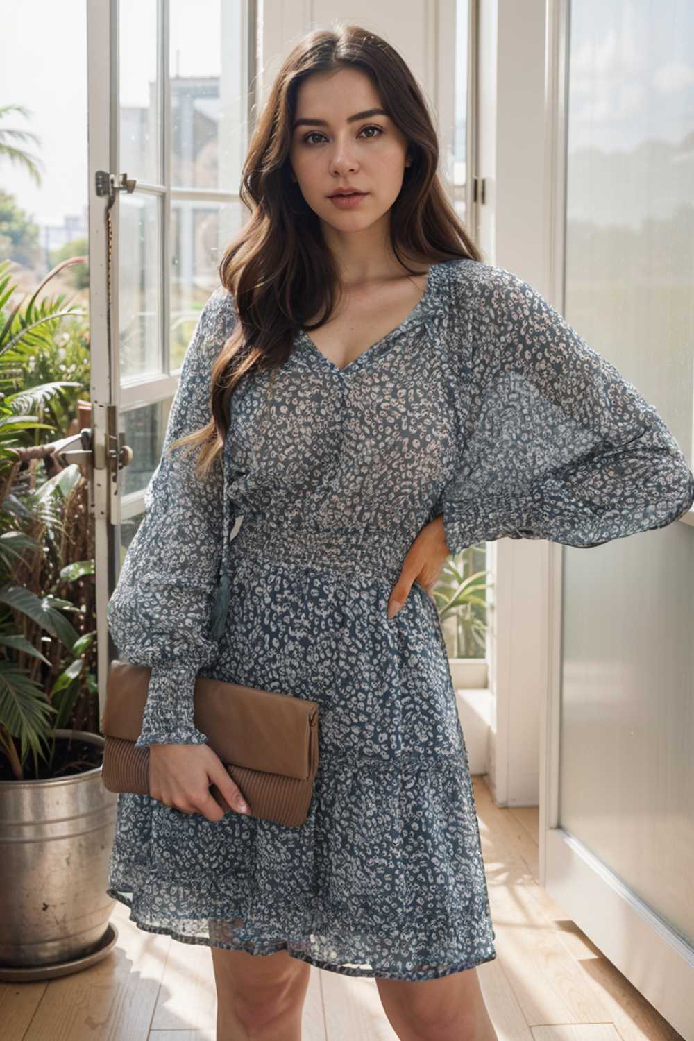 loose leopard print v neck dress drop shoulder a line closed cape paneled 133748