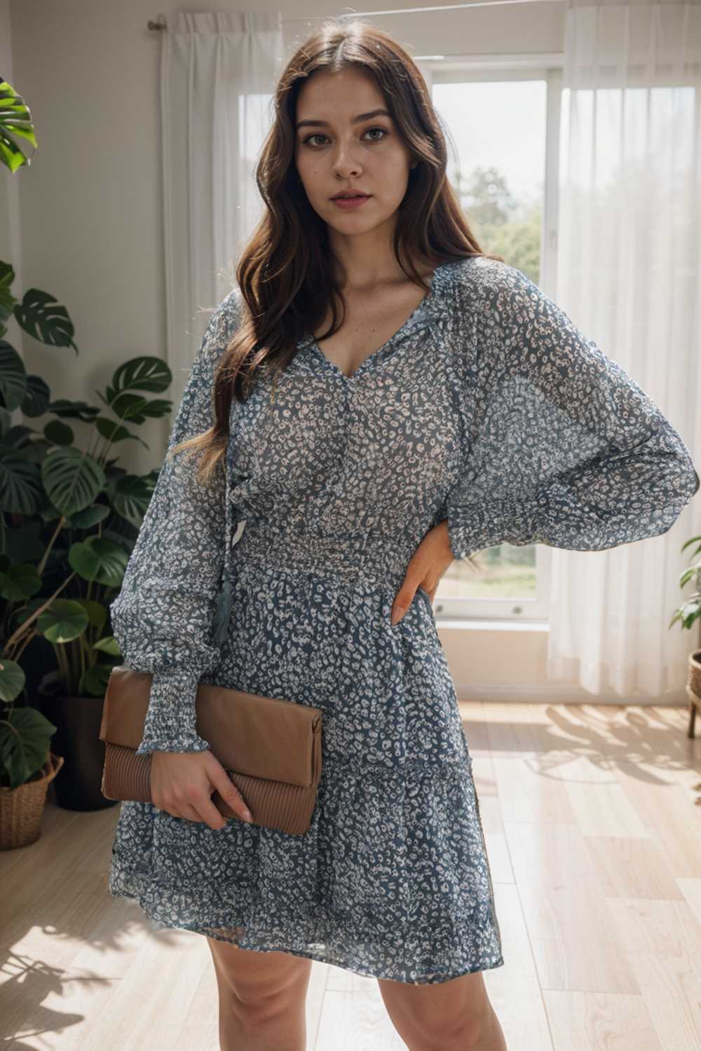 loose leopard print v neck dress drop shoulder a line closed cape paneled 111842