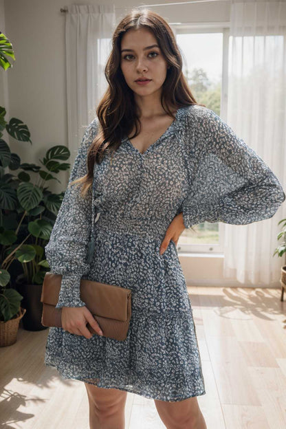 loose leopard print v neck dress drop shoulder a line closed cape paneled 111842