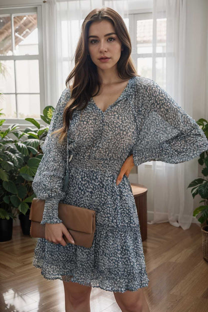loose leopard print v neck dress drop shoulder a line closed cape paneled 105018