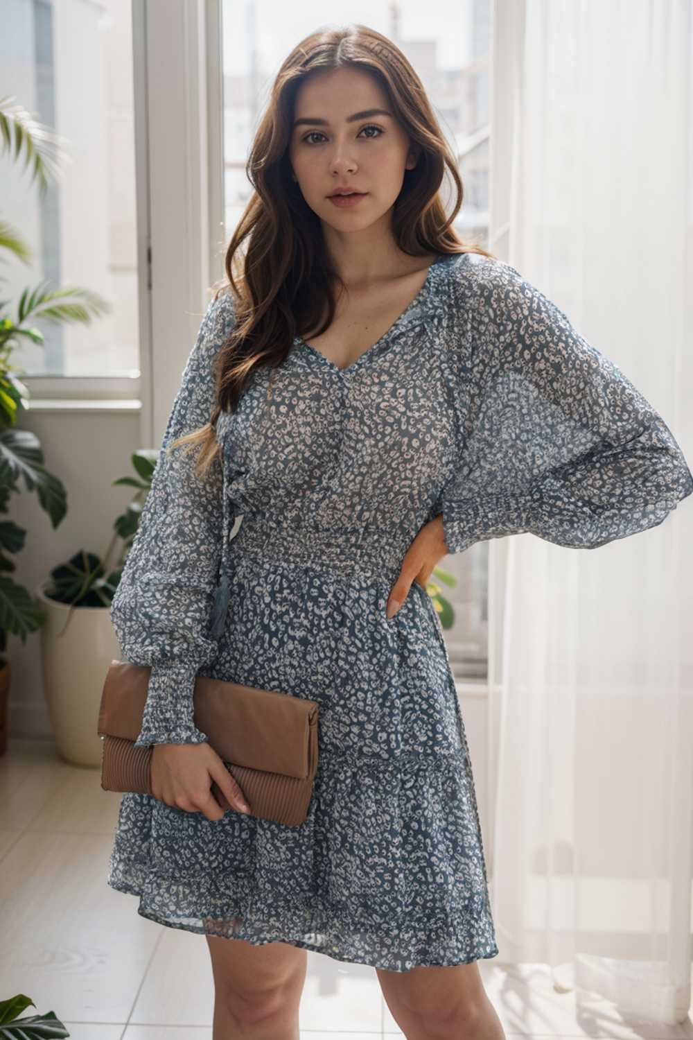 loose leopard print v neck dress drop shoulder a line closed cape paneled 133746