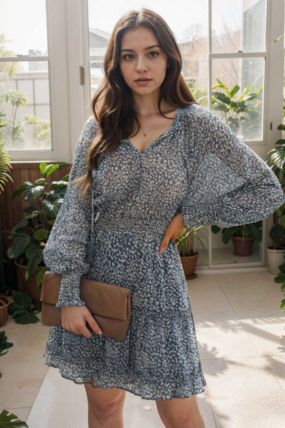 loose leopard print v neck dress drop shoulder a line closed cape paneled 142380
