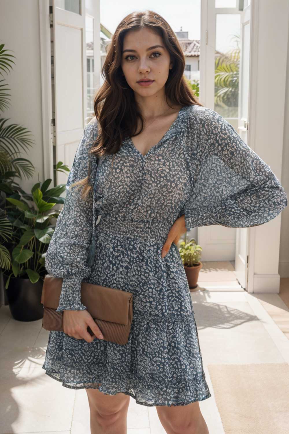 loose leopard print v neck dress drop shoulder a line closed cape paneled 132876
