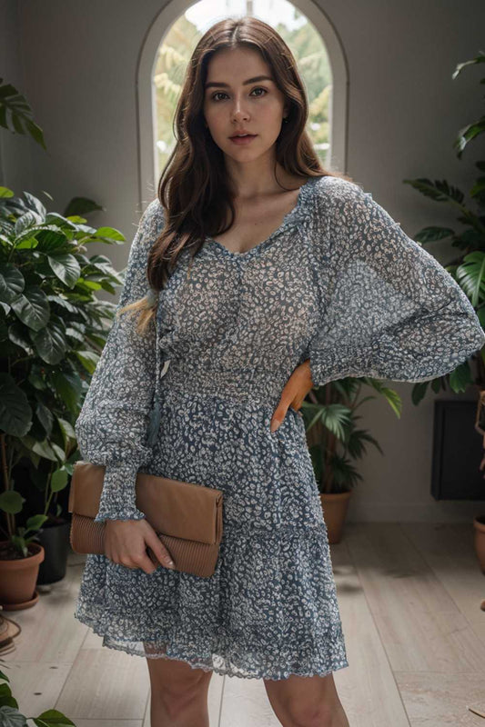 loose leopard print v neck dress drop shoulder a line closed cape paneled 105016