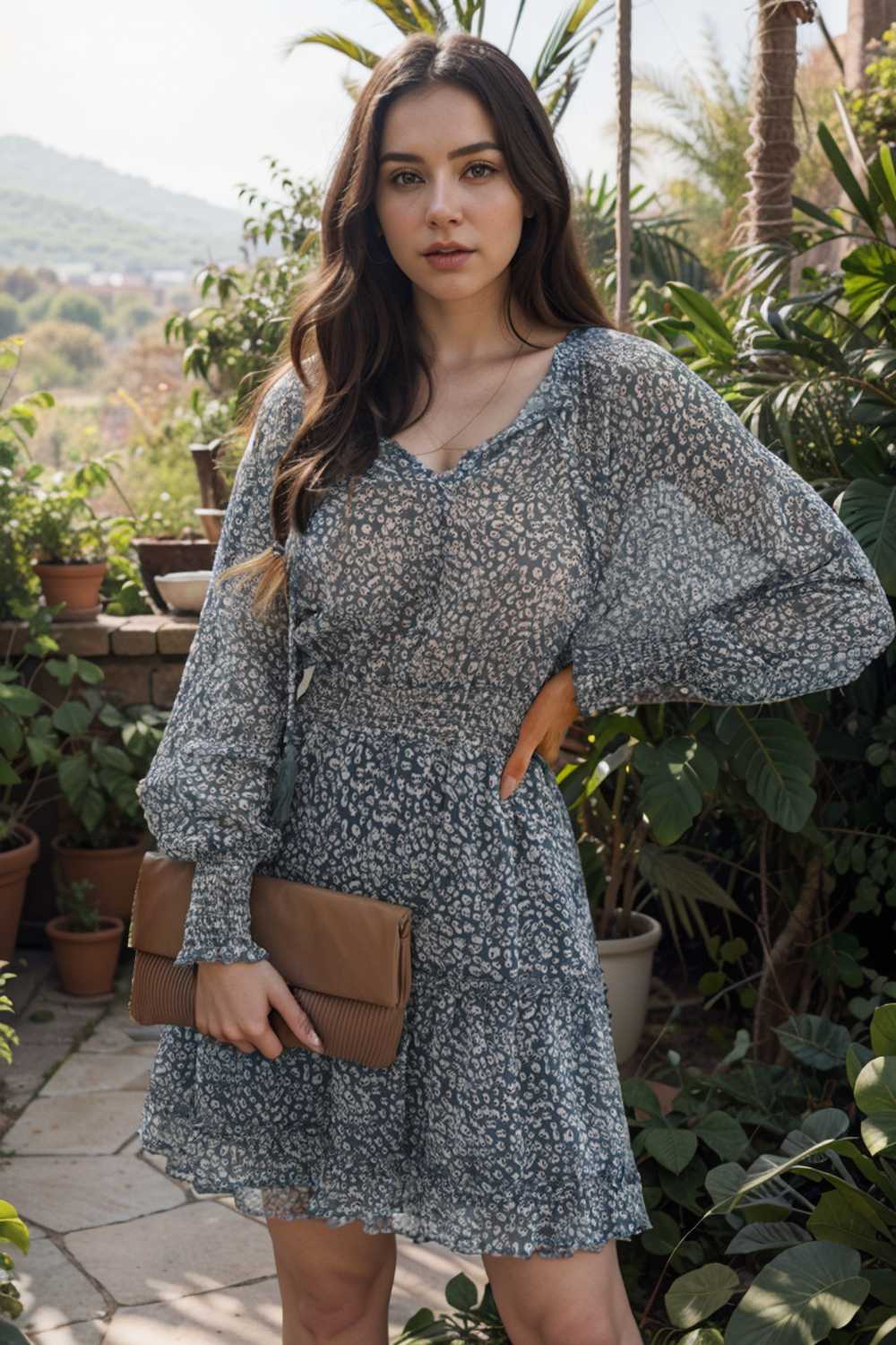 loose leopard print v neck dress drop shoulder a line closed cape paneled 109910