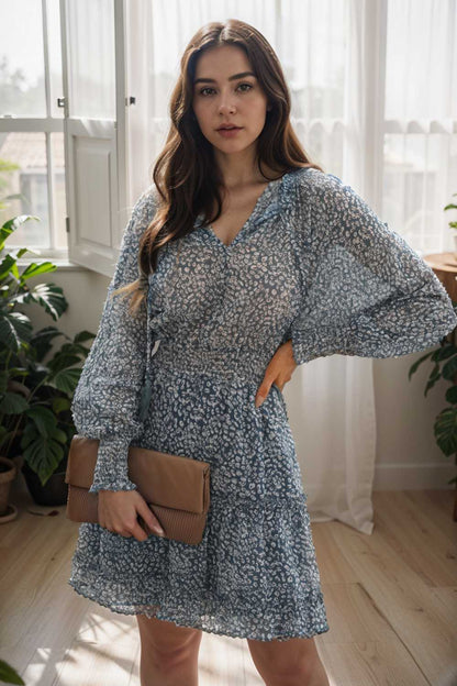 loose leopard print v neck dress drop shoulder a line closed cape paneled 109908