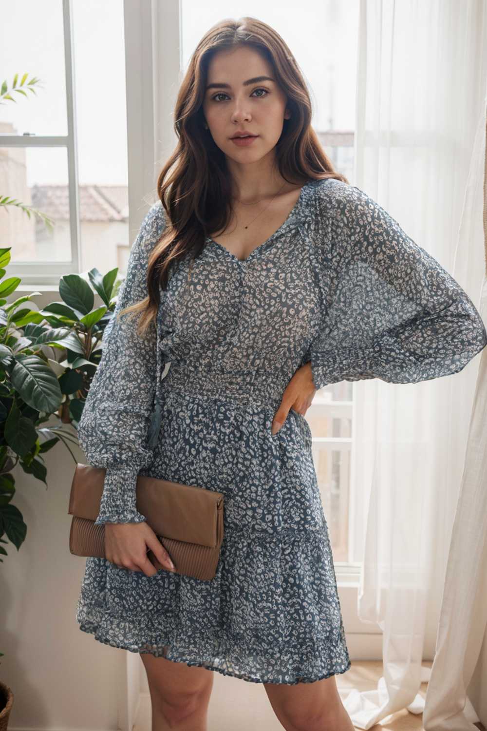loose leopard print v neck dress drop shoulder a line closed cape paneled 109907