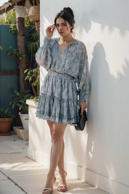 loose leopard print v neck dress drop shoulder a line closed cape paneled 109040