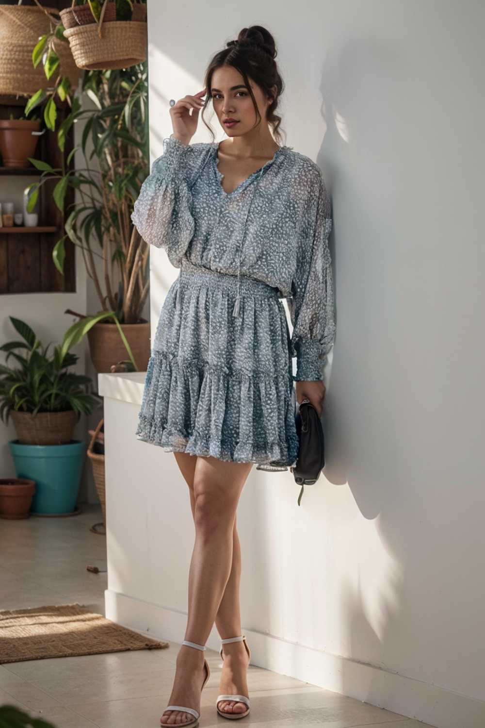loose leopard print v neck dress drop shoulder a line closed cape paneled 109906